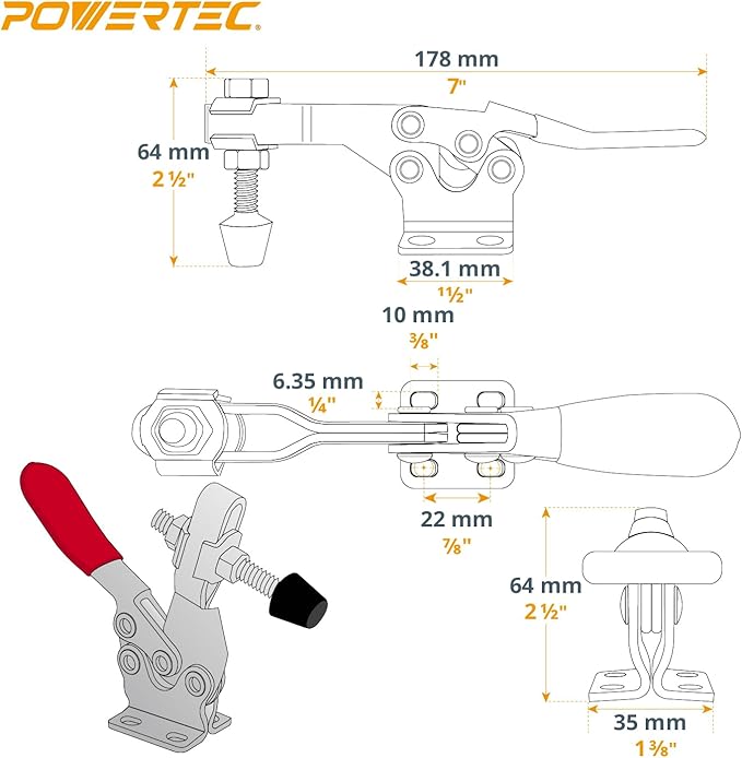 POWERTEC 2PK Toggle Clamp, 500 lbs Holding Capacity, 225D Quick Release Horizontal Clamps w/Antislip Rubber Pressure Tip for Woodworking Jigs and Fixtures, Welding, Drill Press, Crosscut Sled (20325)