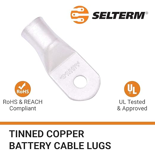 SELTERM 10pcs 4/0 AWG-5/16 Stud Tinned Copper Wire Lugs, Heavy Duty Battery Cable Ends,0000 Gauge Ring Terminals, UL Battery Lugs Marine Grade Copper Eyelets Electrical Battery Terminal Connectors