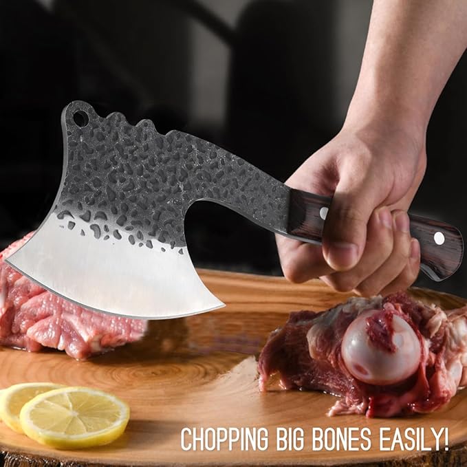 ROCOCO Meat Bone Cleaver Knife for Meat Cutting Handmade Heavy Duty Butcher Axes Hand Forged Full Tang Chopper for Kitchen Outdoor BBQ Chirstmas Mother Father Gifts Idea Men Black
