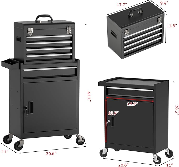 5-Drawer Tool Box with Wheels, Rolling Tool Storage Cabinet with Detachable Top Tool Chest and Locking Mechanism, Metal Tool Cart for Garage Workshop and Room Use (Black)