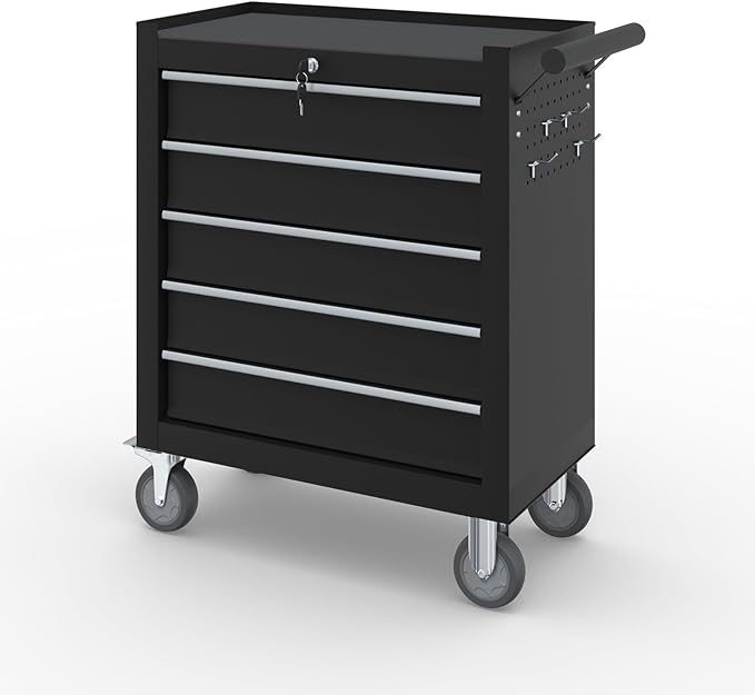 5-Drawer Rolling Tool Box, Metal Tool Chest with Wheels and Locking, Portable for Warehouse, Garage, Repair Shop, Workshop (Black, 5-Drawer)