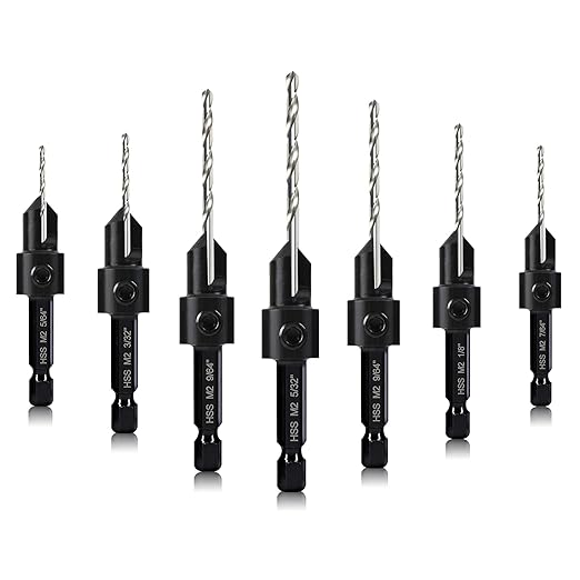 Countersink Drill Bit Set, 7-Piece Woodworking M2 Countersink Drill Bits for #4, 6, 8, 10, 12, 14 Screws, 82-Degree Chamfer, ¼” Hex Shank, 2 Allen Wrenches, HSS Drill Bits Detachable Depth Adjustable
