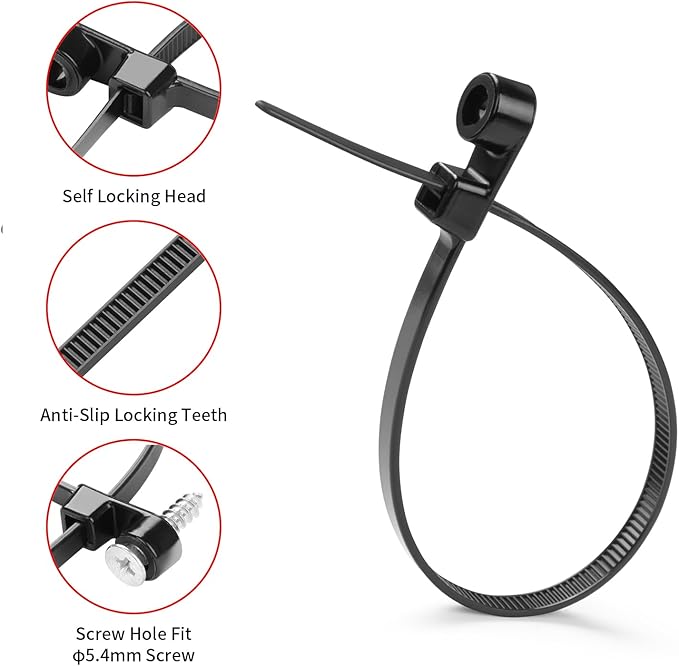 1000 PCS 12 inch Black Zip Ties with Screw Hole 70lbs Mountable head Cable Ties Straps Multipurpose Heavy Duty Nylon Cable Zip Ties with Screw Mounting Hole