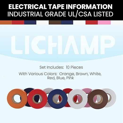 Lichamp 10-Pack Colored Electrical Tape Waterproof, 3/4 in x 66ft, Industrial Grade UL/CSA Listed High Temp Electrical Tape Colors Electric Super Vinyl, 1075C3