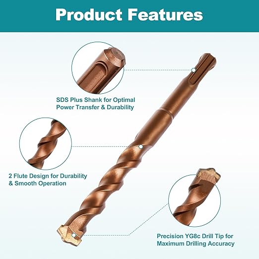 9Pcs SDS-Plus Rotary Hammer Drill Bits and Chisel Set, 3/8 1/4 3/16 5/16 1/2 inch Drill Bits, 2 Flat and 1 Point Chisel for Concrete Stone Brick