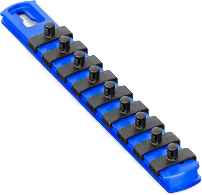 Ernst Manufacturing 8-Inch Magnetic Socket Organizer with 9 Twist Lock Clips, 1/4 Drive | Toolbox Organizer | Strong Magnetic Mounts | SAE or Metric Sockets | Made in USA |Blue