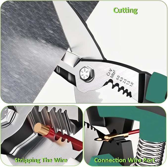 Heavy Duty Industrial Scissors 8.5'', Electrician Scissors with Finely Serrated CR-V Powerful Blades, Easy Cutting Wires, Cardboard, Plastic, Carpet, Wire Stripping and Crimping