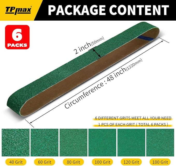 6 Pack 2 x 48 Inch Zirconia Ceramic Sanding Belts Kit – 40, 60, 80, 100, 120, 180 Grits Premium Metal Grinding Belts for Knife Sharpening, Stock Removal, and Bevel Work