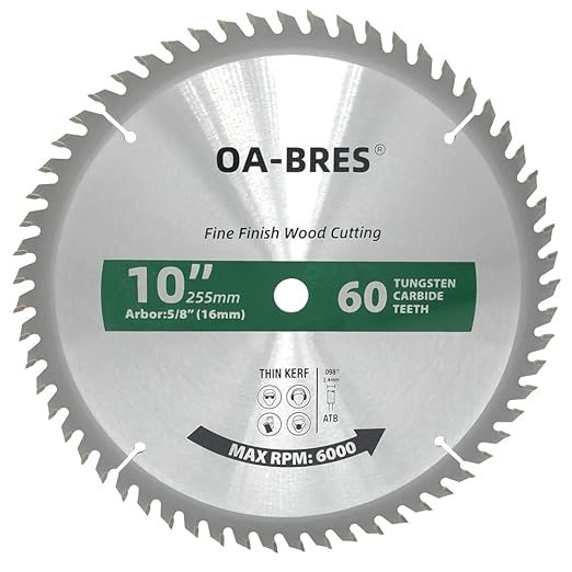 10-Inch Miter/Table Saw Blades, 60-Tooth ATB TCT Fine Finish Wood Cutting Circular Saw Blade with 5/8 Inch Arbor