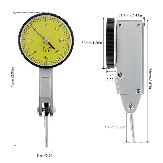 Dial Test Indicator Gauge 0-0.8mm, 0.01mm Accuracy, Lever Dial Test Indicator Gauge 0-40-0 Scale Yellow Dial Face with Installation Accessories 6mm/ 8mm Sleeves