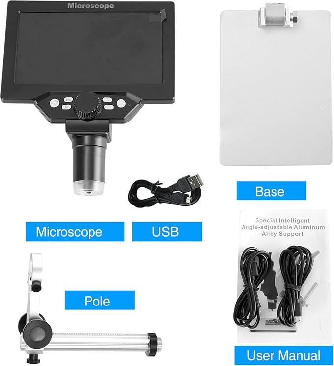 Koolertron 7" 12MP Digital Microscope, 1200X Magnification, 1080P USB Camera, 32GB TF Card, PC View, Rechargeable, LED Lights for Coin/PCB/Jewelry/Plant/Rock Inspection