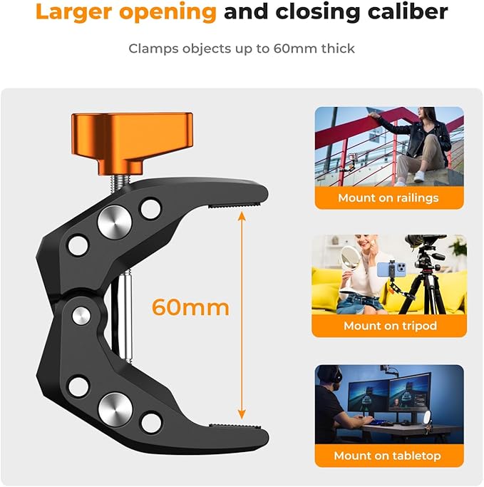 K&F Concept Camera Mount Clamp, Super Crab Clamp with 1/4" Thread Holes, 60mm Max Opening, Payload 11 Lbs/5kg, for Round Pipe Flat Surface, Monitors, LED Lights, and Other Photographic Accessories
