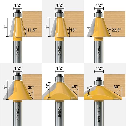 6Pcs Chamfer Router Bits Set 1/2 Inch Shank Carbide Edge Forming Bevel Router Bit with Bearing, Chamfer Bit Miter Angle Milling Cutters Tool, 11.25, 15, 22.5, 30, 45, 60 Degree