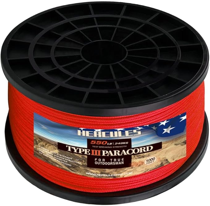 HERCULES Type III Paracord 550 Paracord Rope Parachute Cord, 1000' Imperial Red for Camping Cord, Survival Rope