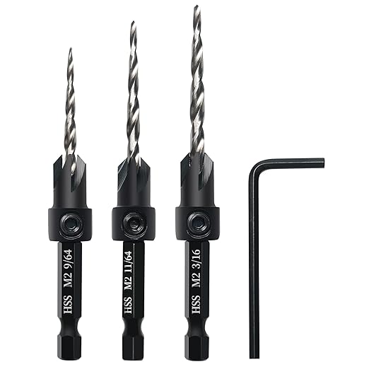 Countersink Drill Bit Set, 3PCS Tapered Drill Bits, M2 Countersink Set with 1/4" Hex Shank Quick Change and 1 Allen Wrench for Woodworking, Pilot Screw Hole Set for Soft & Hard Wood