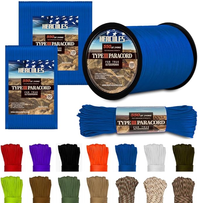 HERCULES Type III Paracord 550 Paracord Rope Parachute Cord, 250' Royal Blue for Survival Rope, Survival Cord