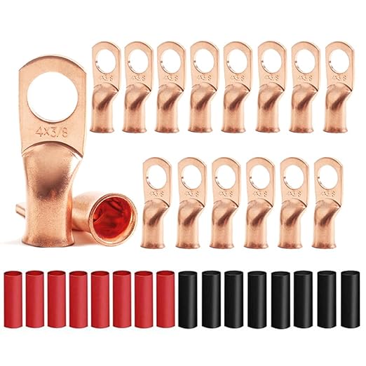 16Pcs 4 AWG 3/8" Stud Heavy Duty Copper Wire Lugs with 16Pcs Heat Shrink Tubing 4 Gauge Ring Terminals Battery Cable Ends Bare Copper Eyelets Tubular Ring Terminal for Car Boat Marine