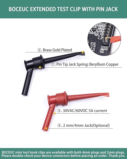 Mini Grabber Test Clip with 2MM Banana Jack, 2 PCS Multimeter Test Lead Hooks Clips Push on Test Probe Electronic Testing IC Grabber