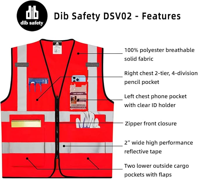 Dib Safety Reflective Vest High Visibility with Pockets and Zipper, Red XL