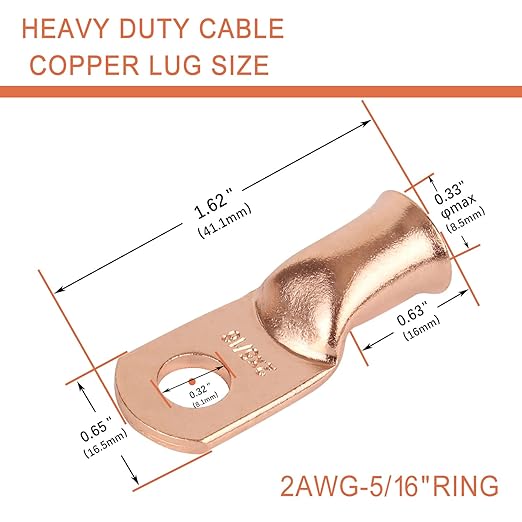 10pcs 2 AWG-5/16”(M8) Ring Terminals 2 Gauge Copper Wire Lugs Battery Cable Ends Heavy Duty Battery Cable Terminal Connectors