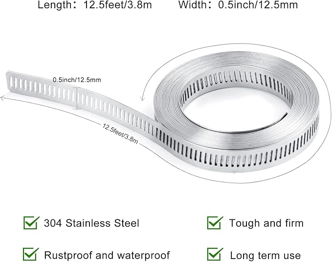 Hose Clamps, DIY 12.5 FT Metal Strap + 8 Fasteners, Hose Clamps Stainless Steel, Large Adjustable Hose Clamp Pipe Clamp for Pipe Automotive Mechanical Applications