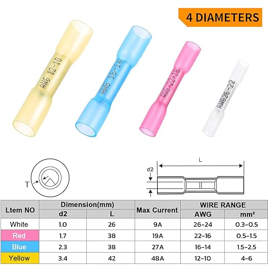 650PCS Heat Shrink Butt Connectors,Solder Seal Butt Splices, Waterproof Insulated for Marine, Automotive, Electrical Wiring