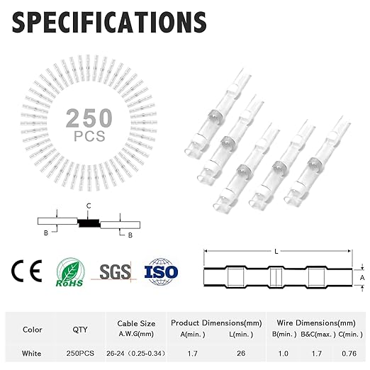 Kuject 250PCS Solder Seal Wire Connectors AWG 26-24, White Solder Seal Heat Shrink Butt Connectors Terminals Sleeve Waterproof Wire Splice Connector for Marine Boat Wire Joint