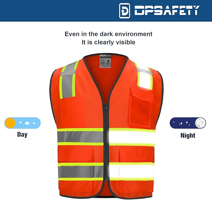 9 Pockets High visibility Class 2 Safety Vest，Hi Vis Vest with 2 inch wide Reflective Strips security vest with Zipper construction work vest for men &women Orange，Medium