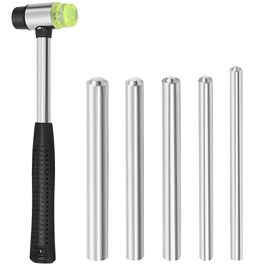 6Pcs 5 Sizes Roll Pin Punch Set with Double Faced Rubber Hammer Removing Repair Tools Steel Roll Pin Punches for Automotive Watch Bike Repairing