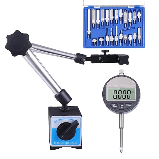 Electronic Digital Dial Indicator with Magnetic Base Holder Fine Adjustable Long Arm 0-1" / 25.4mm Inch/Metric Conversion Professional Gauge 0.01mm/0.001"