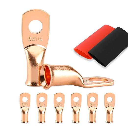 Battery Cable Ends, 8PCS 6 Gauge Wire Connectors 1/4 Copper Wire Lugs, Bare Copper Eyelets with Heat Shrink Tubing