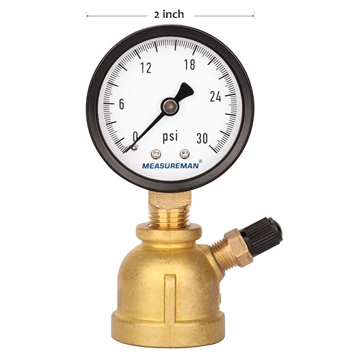 MEASUREMAN 2" Forged Brass Gas Pressure Test Gauge Assembly, 3/4" FNPT Connection, 0-30psi, +/-3-2-3% Accuracy