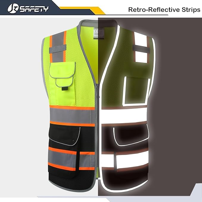 JKSafety 9 Pockets Class 2 Hi-Vis Safety Vest High Visibility Reflecitive Mesh Safety Vests for Men and Women Cushioned Collar Work Utility PPE Work Gear ANSI/ISEA compliant (101-YBlack XXL)