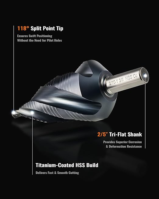 ZELCAN 19 Sizes M35 Cobalt Step Drill Bit, 3/16" to 1-3/8" Four Spiral Flute Drill Bit for Metal, Titanium-Coated HSS Step Bit with 2/5" Tri-Flat Shank for Stainless Steel Aluminum Copper Wood Plastic