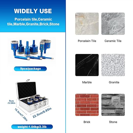 Diamond Hole Saw Kit - Porcelain Tile to Granite Drilling, 9pcs Diamond Drill Bits with Triangle Shank (6 8 10 20 25 32 35 43 50mm)