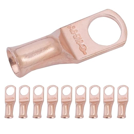 SELTERM 10pcs 6 AWG - 5/16" Stud - Heavy Duty Wire Lugs, Ring Terminals, Battery Cable Ends, 6 Gauge Terminals, UL Bare Copper Eyelets Electrical Terminal Connectors