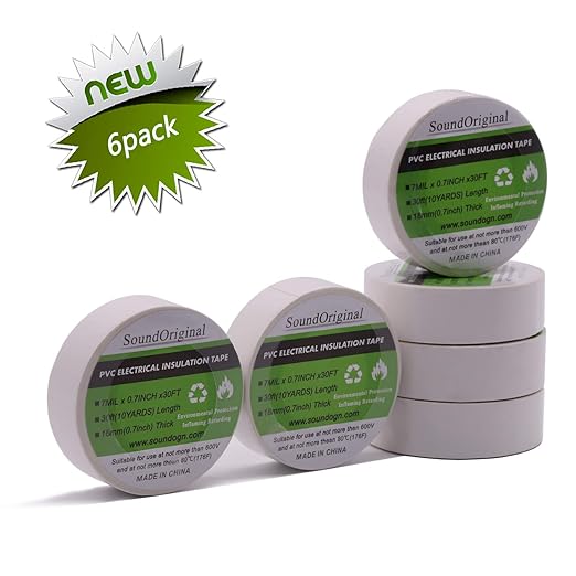 Electrical Tape White 6 Pack 3/4-Inch by 30 Feet, Voltage Level 600V Dustproof, Adhesive for General Home Vehicle Auto Car Power Circuit Wiring White