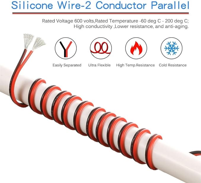 BNTECHGO 14 Gauge Flexible 2 Conductor Parallel Silicone Wire Spool Red Black High Resistant 200 deg C 600V for Single Color LED Strip Extension Cable Cord,Model,250ft Stranded Tinned Copper Wire