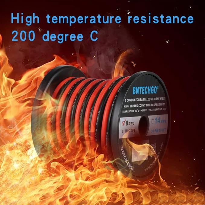 BNTECHGO 8 Gauge Flexible 2 Conductor Parallel Silicone Wire Spool Red Black High Resistant 200 deg C 600V for Single Color LED Strip Extension Cable Cord,Model,20ft Stranded Tinned Copper Wire