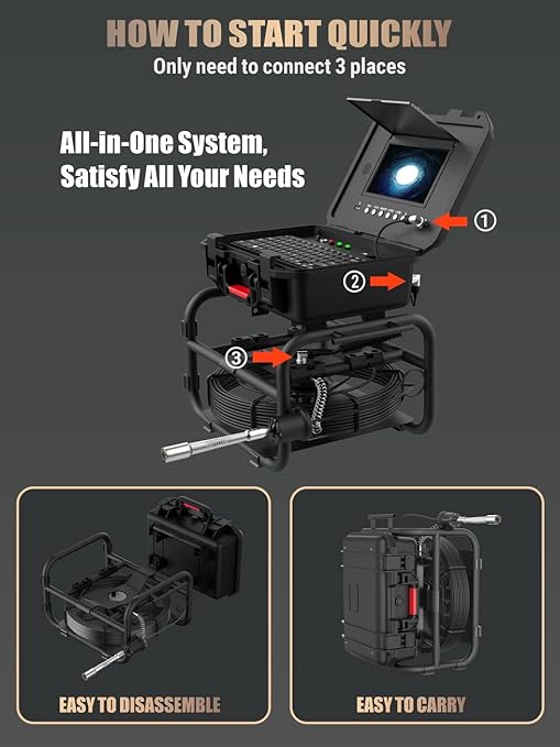Anysun Sewer Inspection Camera Self-Leveling 512Hz Sonde Meter Counter, Built-in Microphone & Speaker, 1080P 9" IPS Monitor, IP68 Waterproof Endoscope Camera with DVR, 230Ft Harder Cable(16GB TF Card)