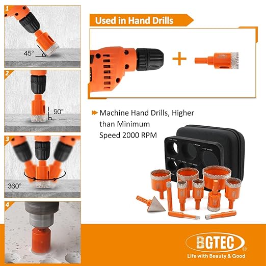 Diamond Core Drill Bit Kit BGTEC Diamond Hole Saw Tile Cutter,Triangle Shank 10pcs 6/8/10/20/25/28/32/35/45/65mm Drill Bits+1pc 2" Hex Shank Chamfer Bit
