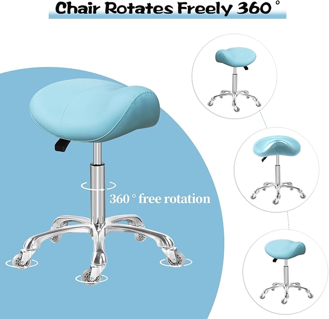 Saddle Stool Rolling Ergonomic Swivel Chair for Esthetician Massage Clinic Kitchen Tattoo Salon Cutting,Adjustable Hydraulic Posture Stool with Wheels (Without Backrest, Cyan)
