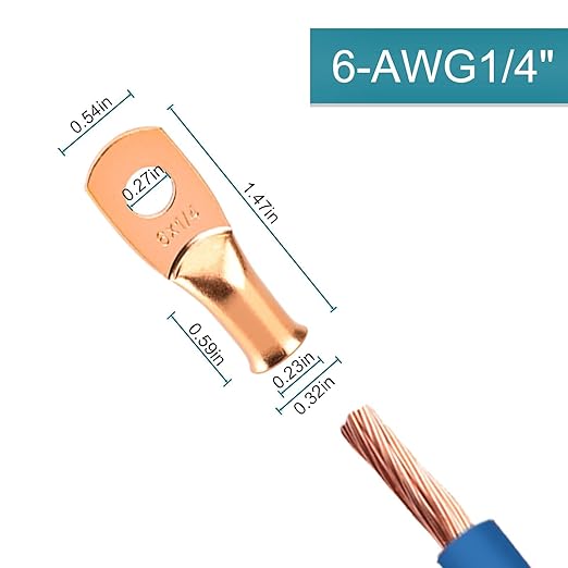 10PCS Battery Cable Ends, 6 Gauge Wire Connectors 1/4 Copper Wire Lugs, Bare Copper Eyelets with Heat Shrink Tubing by HOUSUN