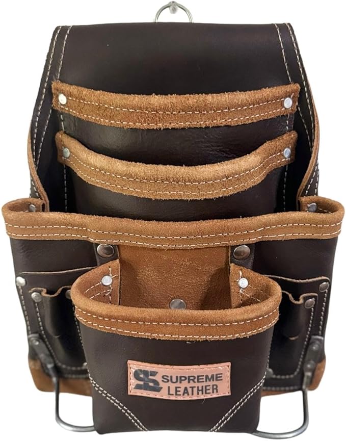 Supreme Leather Tool Pouch for Construction Carpenter Tool Bag Electrician's Pouch | 10 Pockets 2 Stainless Steel Hammer Holders Top Grain Leather Bag