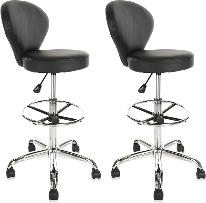 Black PVC Faux Leather Drafting Chair Set of 2 Rolling Swivel Salon Stool with Back Support Foot Rest Adjustable Hydraulic Seat Height for Massage Facial Spa Medical Drafting Tattoo Beauty