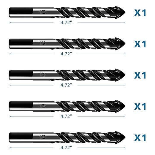 5-Piece 1/2“ Masonry Drill Bits for Tile Glass Ceramic Wall Brick Stone Soft-Metal Wood, 1/2 Inch Concrete Drill Bits Cement Drill Bit Set, 3-Flat Shank, YG8 Carbide Tungsten Steel Alloy Tip 12mm