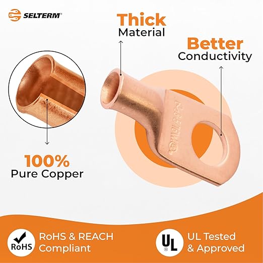 SELTERM 2pcs 8 AWG 5/16" Stud (Wide Pad) Copper Wire Lugs,Battery Lugs,Ring Terminals,Battery Cable Ends, 8 Gauge Ring Terminal Connectors,UL Heavy Duty Bare Copper Eyelets Battery Terminal Connectors