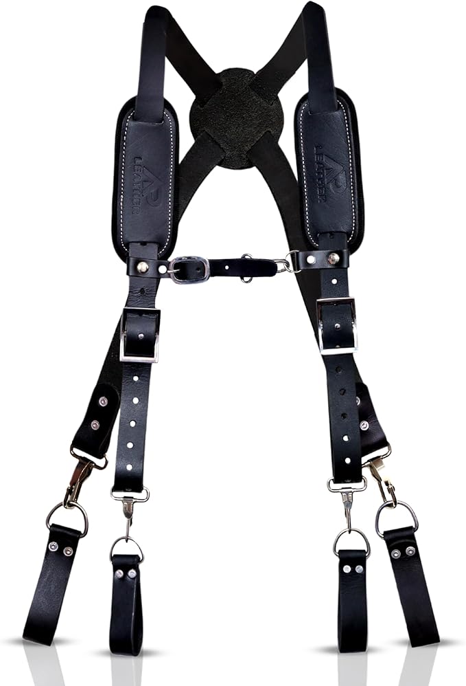 Tool Belt Suspenders – Heavy-Duty Adjustable Work Suspenders with 4 Detachable D-Loop for Construction Tool Belt (Black)