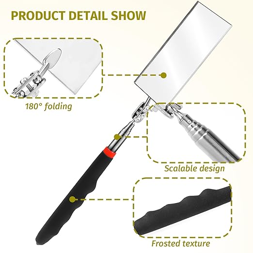 Telescoping Inspection Mirror Rectangle Telescopic Mechanic Mirror Extendable Machine Tool Long Inspection Mirrors for Checking Vehicle Condition (30.71 Inch Mirror Stick)