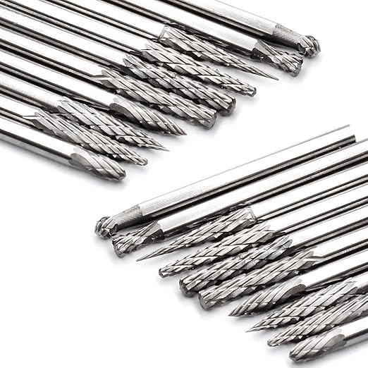20pcs Solid Carbide Burr Set 0.118‘’（3mm）shank Tungsten Carbide Rotary Files Burrs with 3mm Cutting Head diameter Fits Most Rotary Drill Die Grinder for Woodworking,Engraving,Drilling,Carving